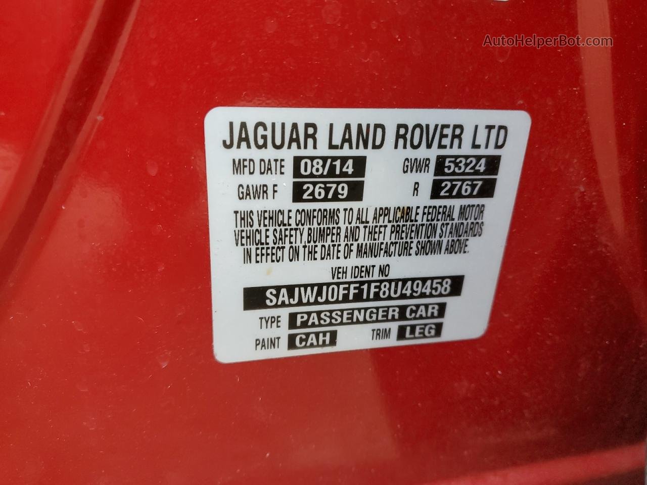 2015 Jaguar Xf 3.0 Sport Awd Red vin: SAJWJ0FF1F8U49458