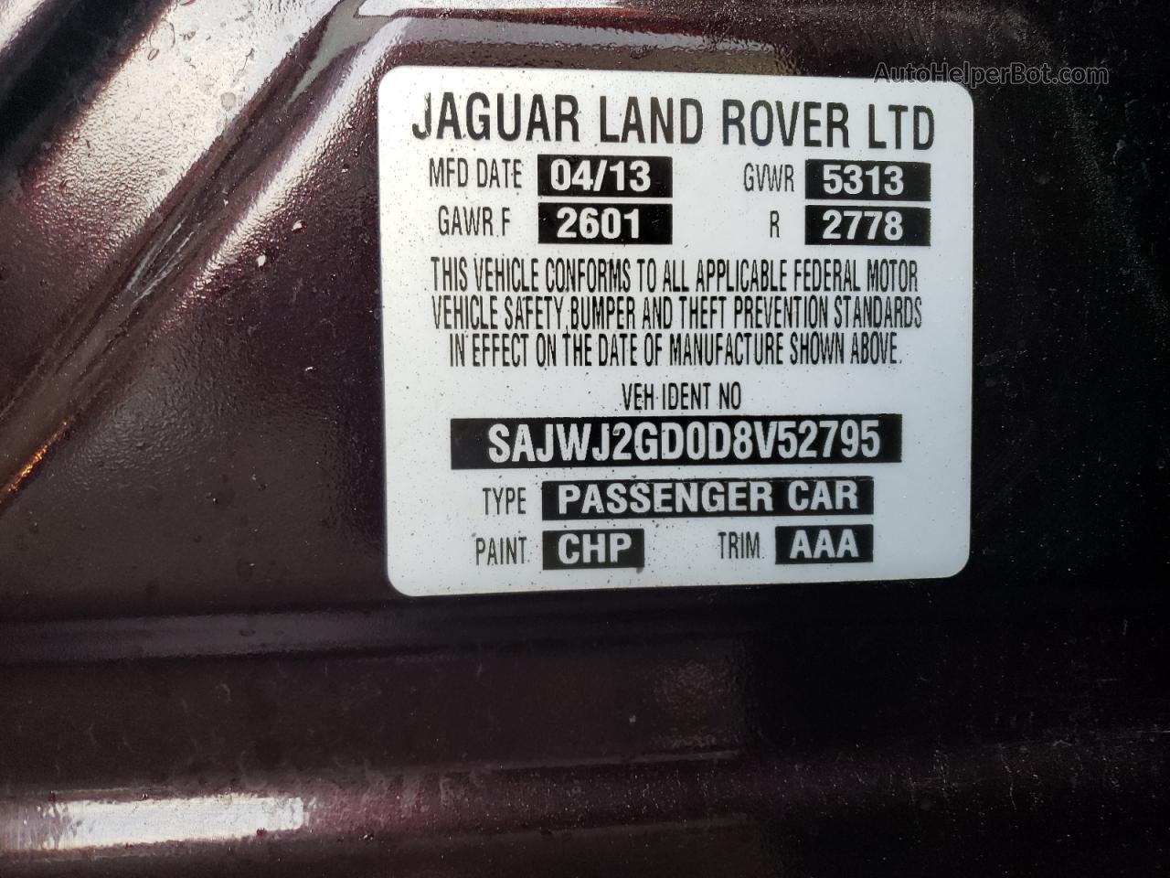 2013 Jaguar Xjl Portfolio Бордовый vin: SAJWJ2GD0D8V52795