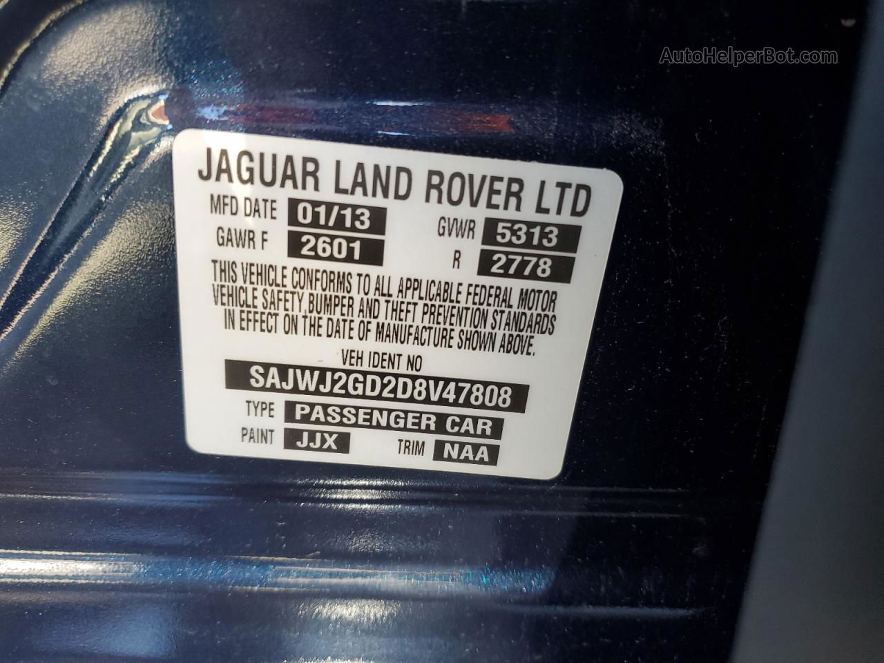 2013 Jaguar Xjl Portfolio Blue vin: SAJWJ2GD2D8V47808