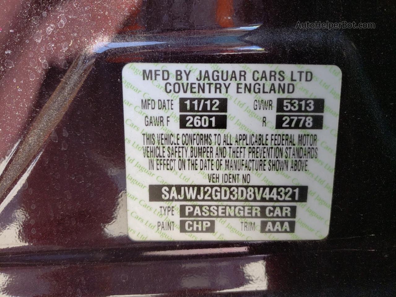 2013 Jaguar Xjl Portfolio Фиолетовый vin: SAJWJ2GD3D8V44321