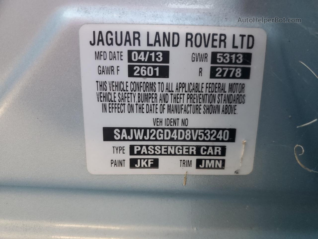 2013 Jaguar Xjl Portfolio Turquoise vin: SAJWJ2GD4D8V53240