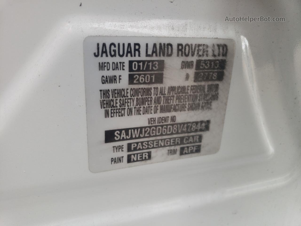 2013 Jaguar Xjl Portfolio Белый vin: SAJWJ2GD6D8V47844