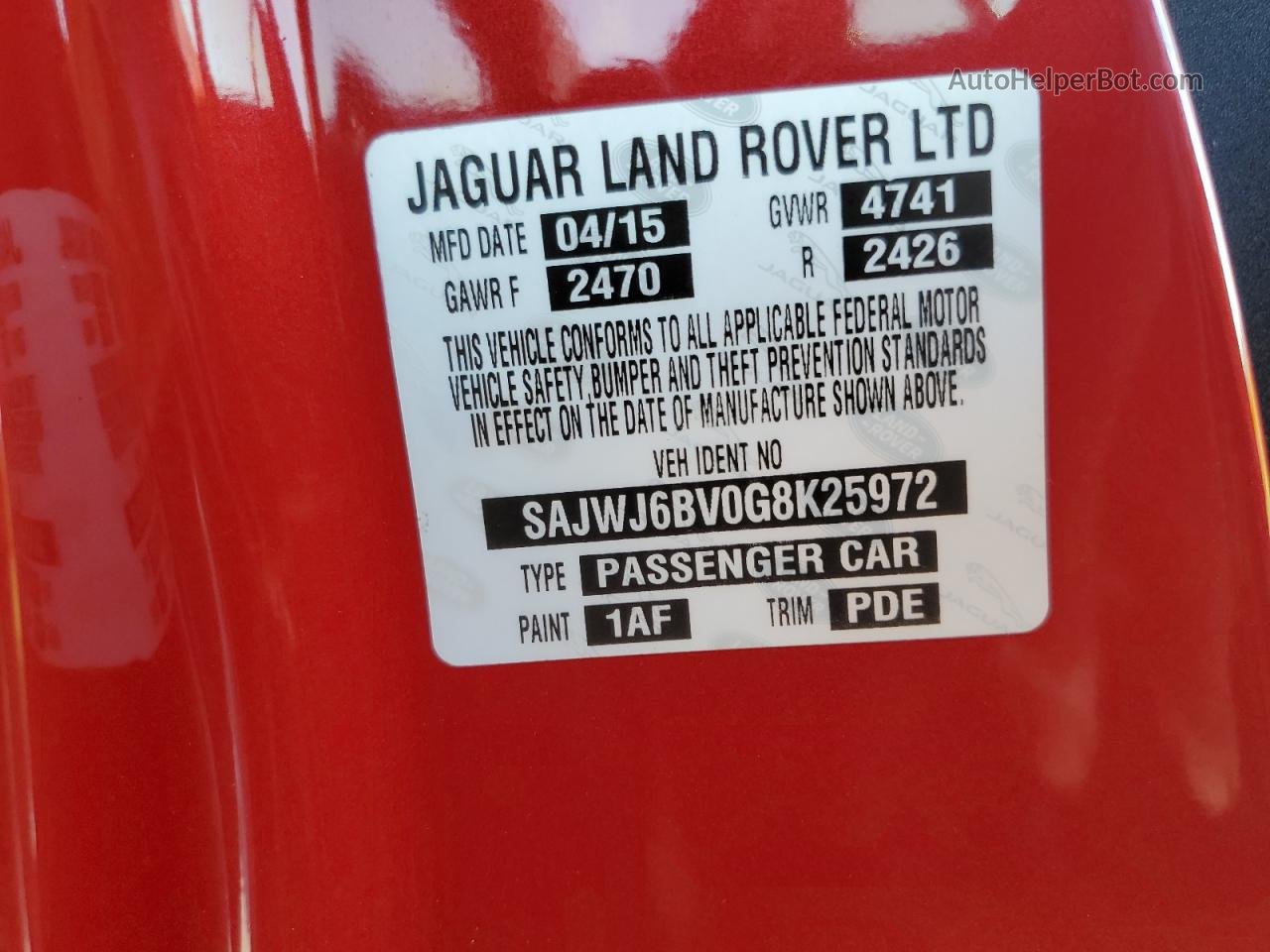 2016 Jaguar F-type S Red vin: SAJWJ6BV0G8K25972