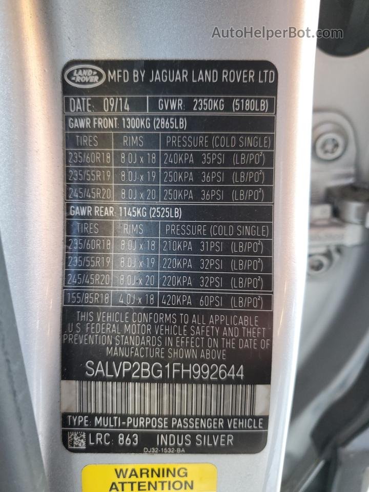 2015 Land Rover Range Rover Evoque Pure Plus Серебряный vin: SALVP2BG1FH992644