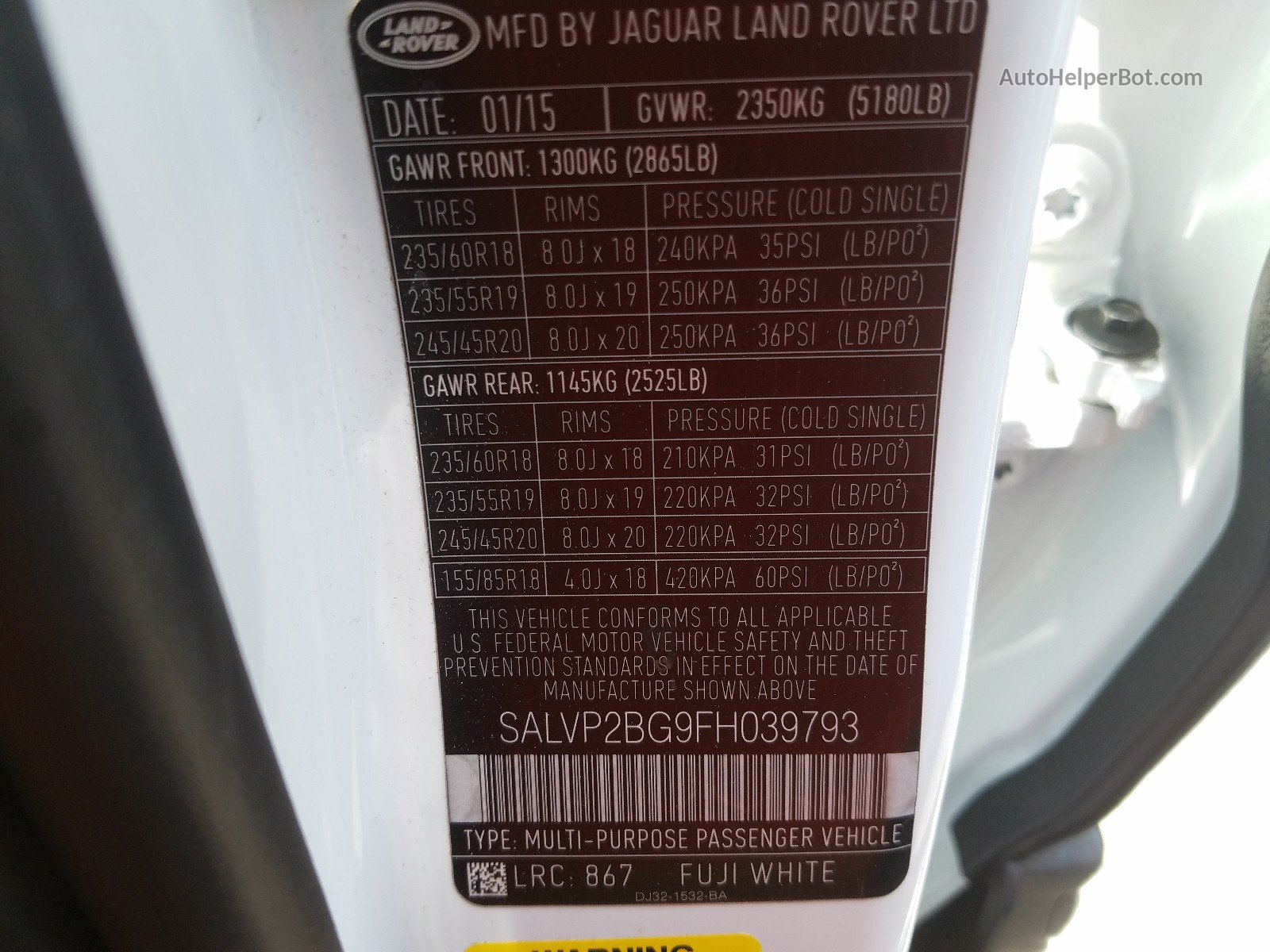 2015 Land Rover Range Rover Evoque Pure Plus Белый vin: SALVP2BG9FH039793