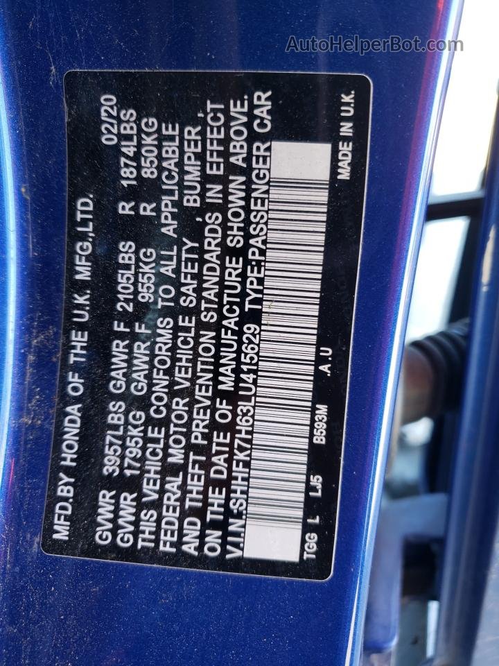 2020 Honda Civic Ex Синий vin: SHHFK7H63LU415629