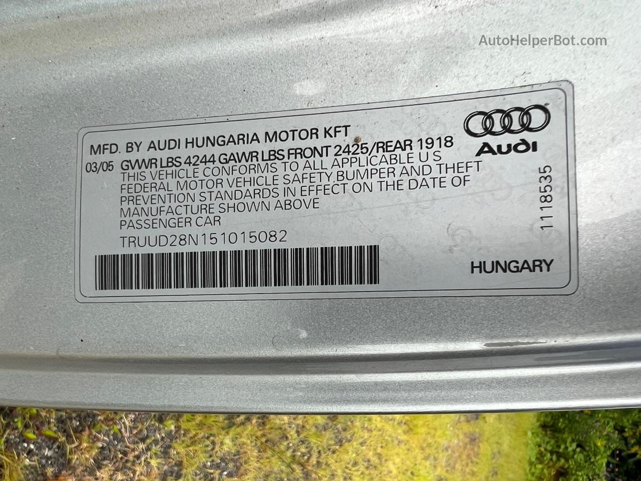 2005 Audi Tt 3.2 Silver vin: TRUUD28N151015082