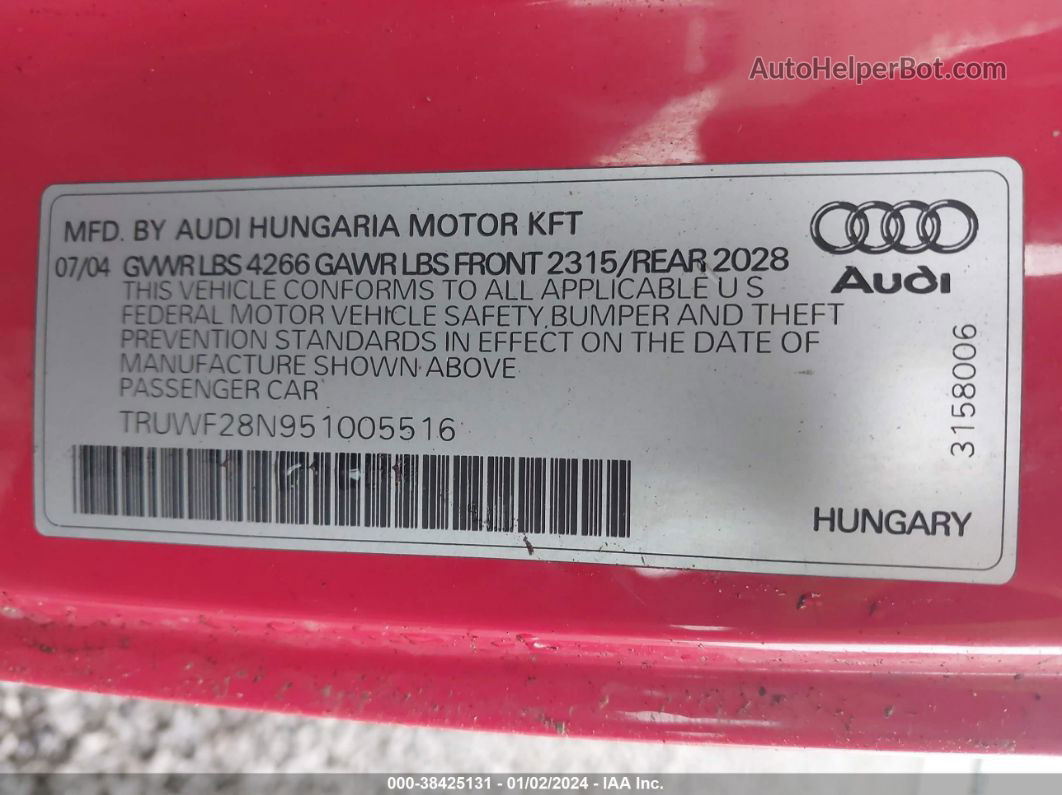 2005 Audi Tt 3.2l (auto Direct Shift) Red vin: TRUWF28N951005516