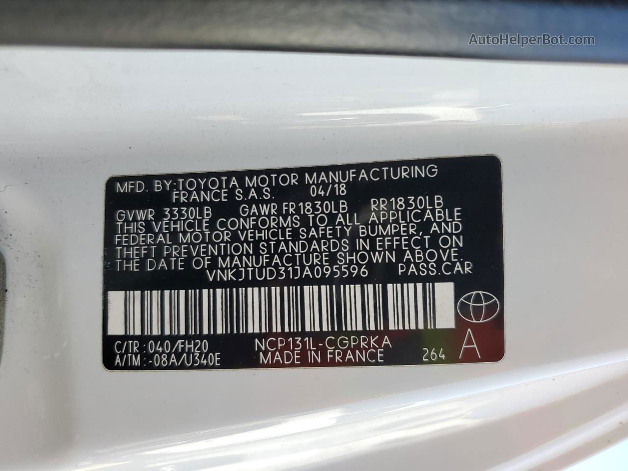 2018 Toyota Yaris L White vin: VNKJTUD31JA095596