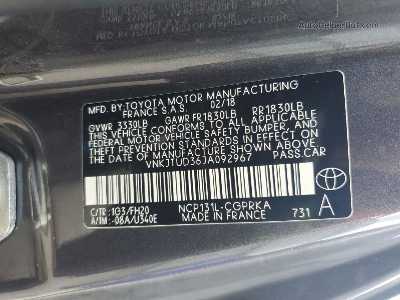 2018 Toyota Yaris L Charcoal vin: VNKJTUD36JA092967