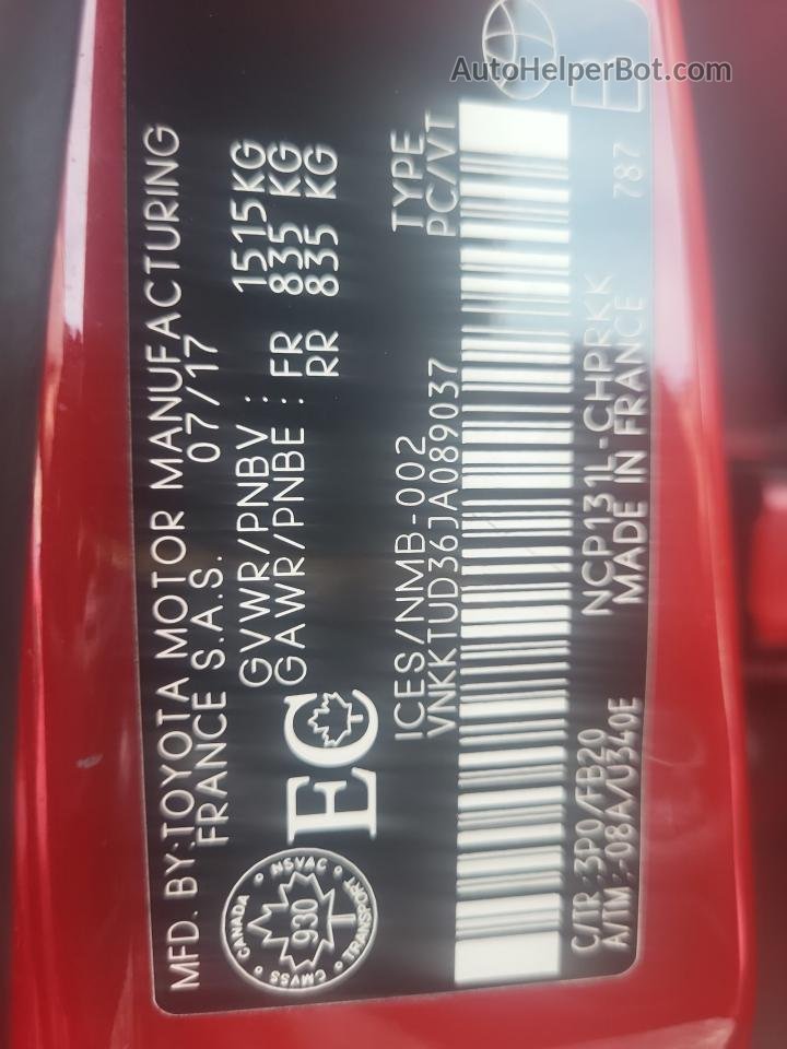 2018 Toyota Yaris L Red vin: VNKKTUD36JA089037