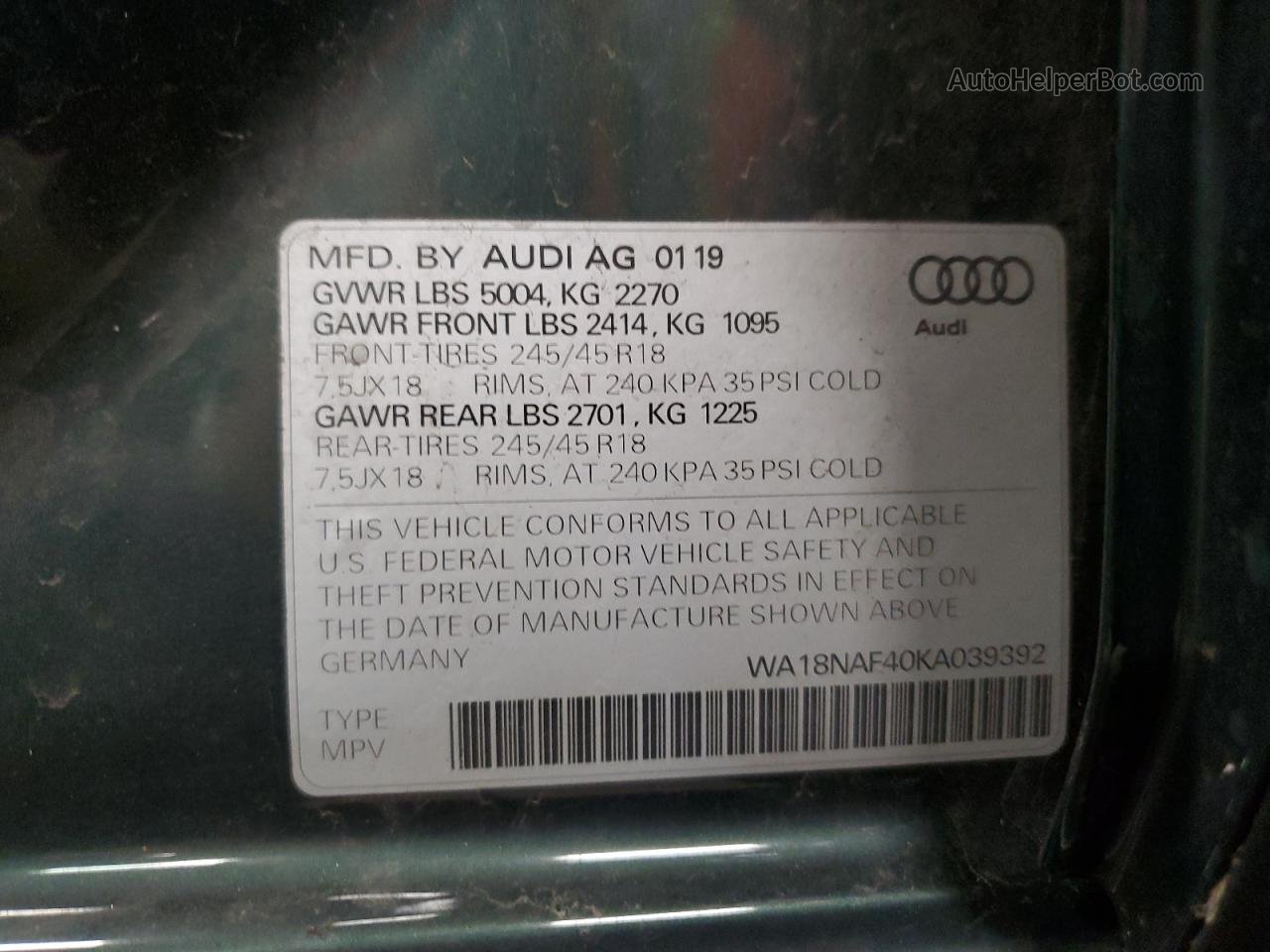 2019 Audi A4 Allroad Premium Plus Зеленый vin: WA18NAF40KA039392