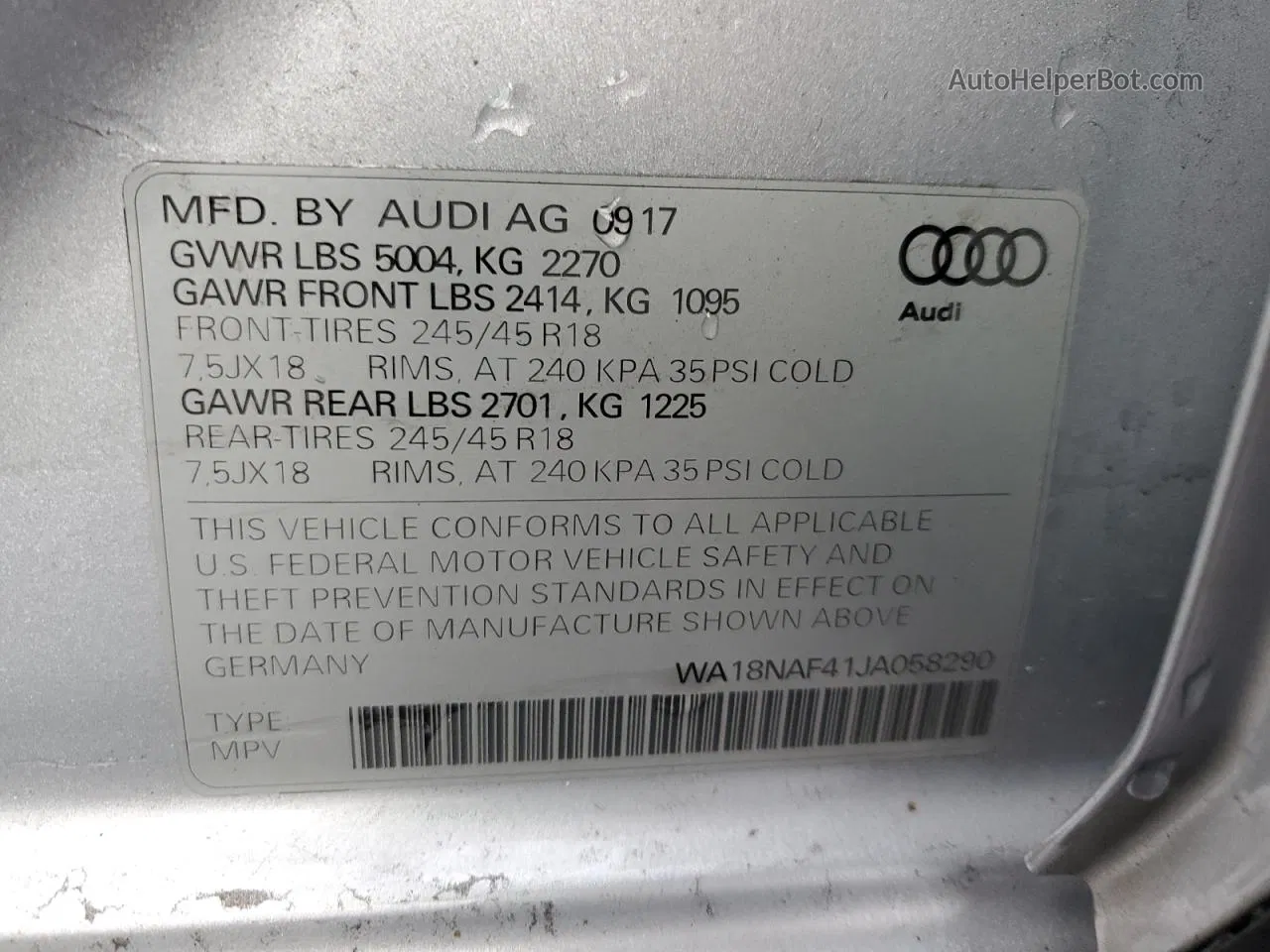 2018 Audi A4 Allroad Premium Plus Silver vin: WA18NAF41JA058290