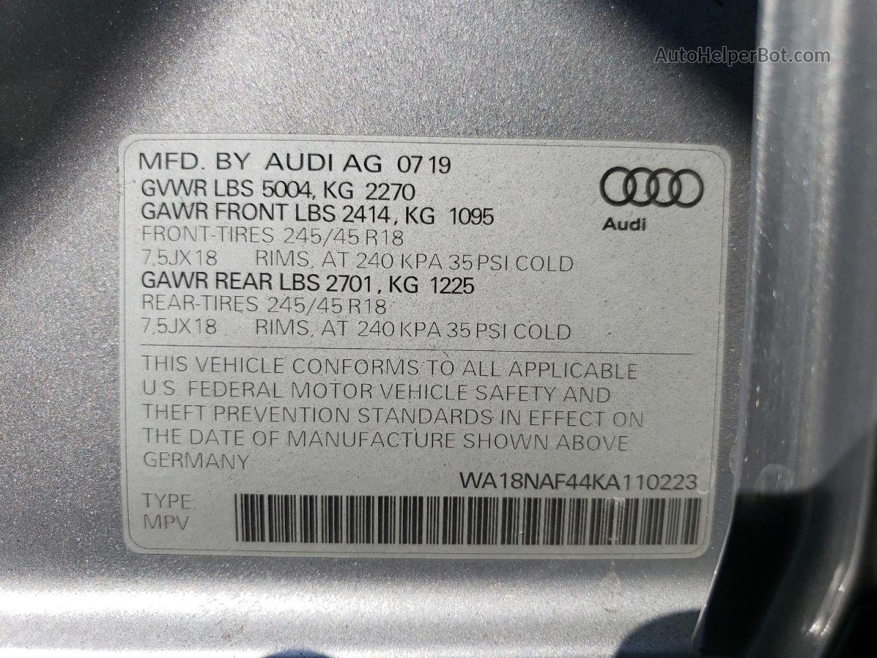 2019 Audi A4 Allroad Premium Plus Серебряный vin: WA18NAF44KA110223