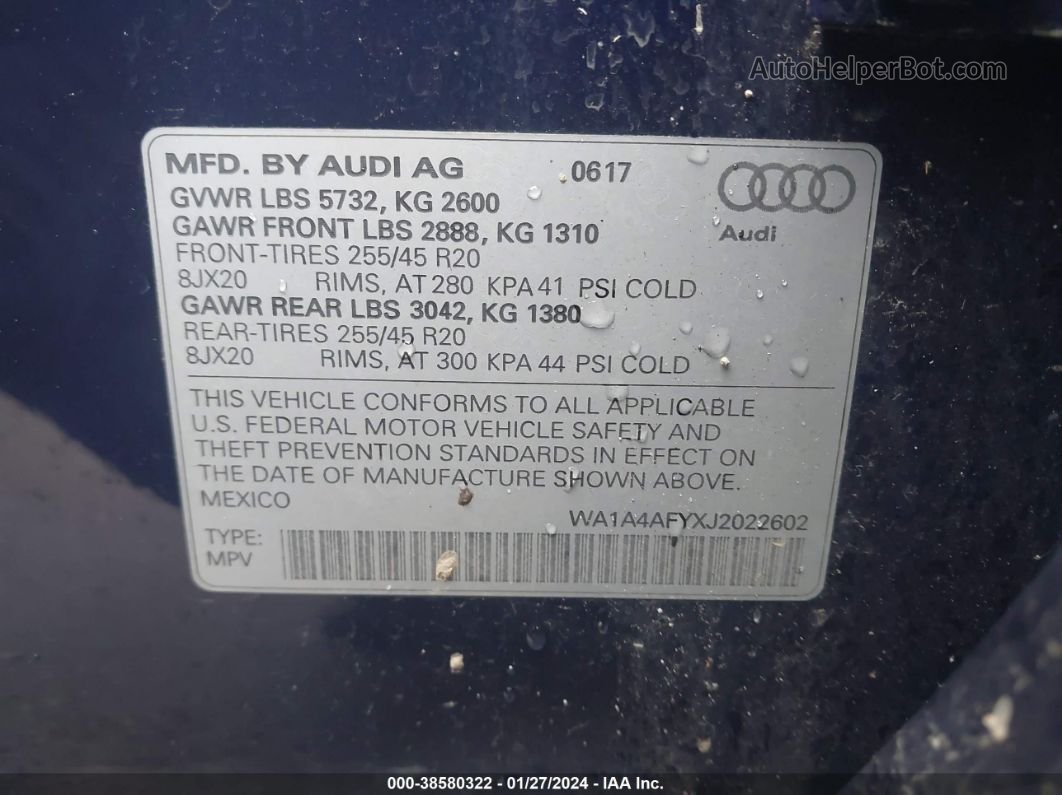 2018 Audi Sq5 3.0t Premium Plus Blue vin: WA1A4AFYXJ2022602