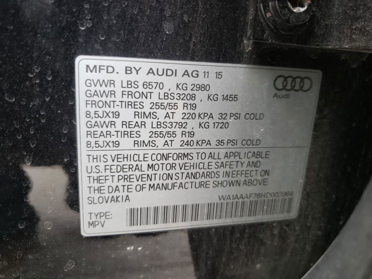 2017 Audi Q7 Premium Black vin: WA1AAAF76HD003964