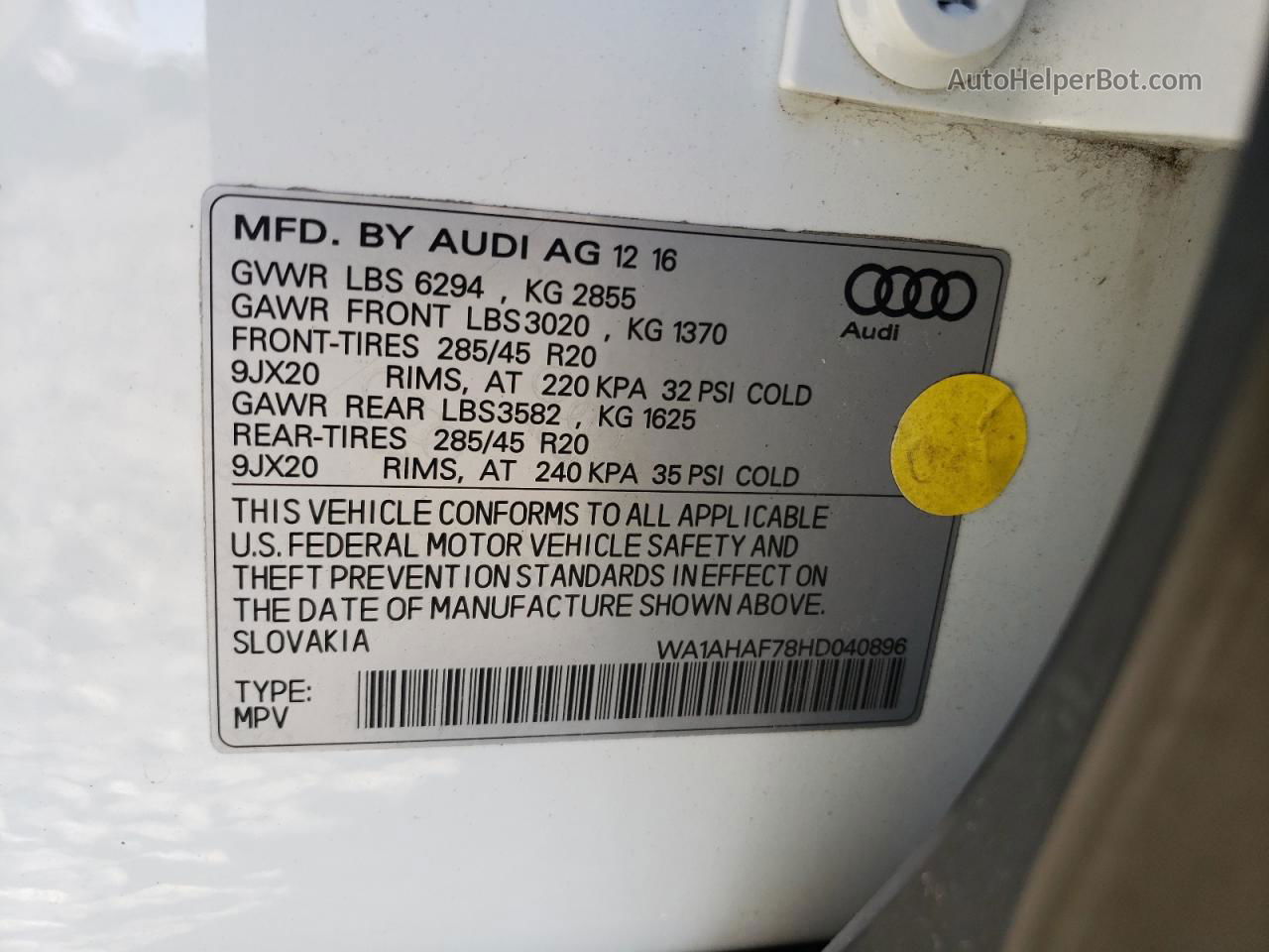 2017 Audi Q7 Premium White vin: WA1AHAF78HD040896