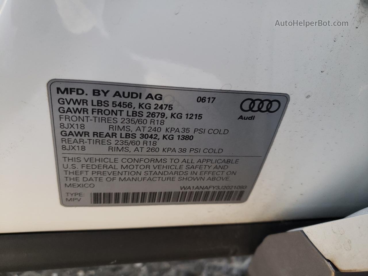 2018 Audi Q5 Premium White vin: WA1ANAFY3J2021093