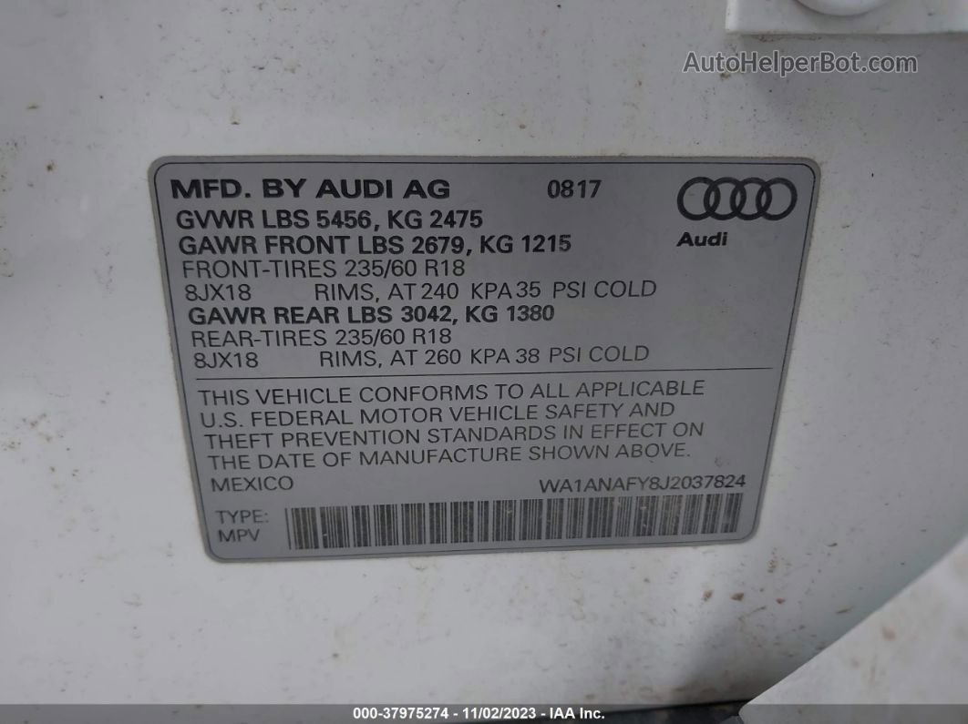 2018 Audi Q5 2.0t Tech Premium/2.0t Premium Белый vin: WA1ANAFY8J2037824