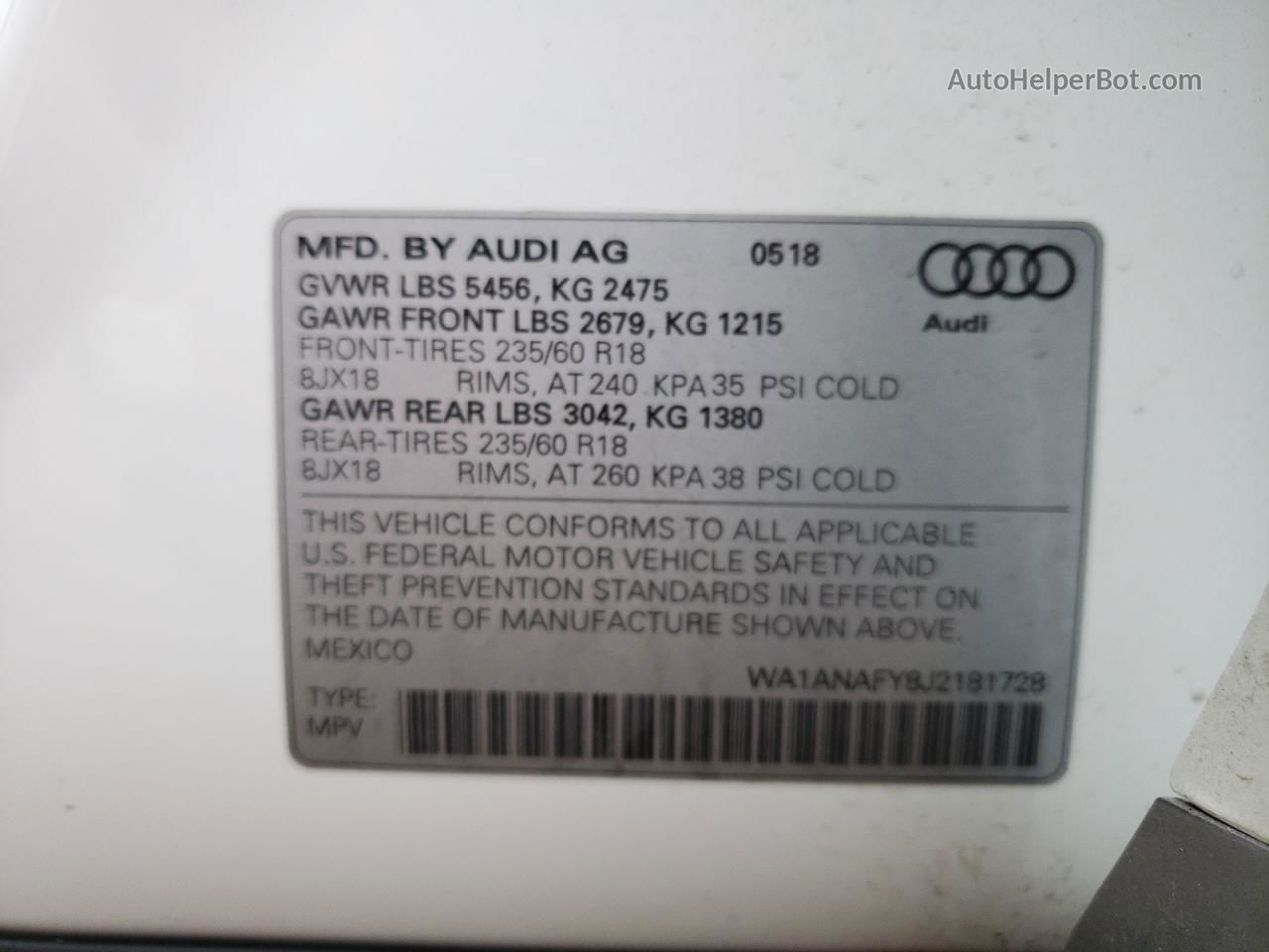 2018 Audi Q5 Premium White vin: WA1ANAFY8J2181728