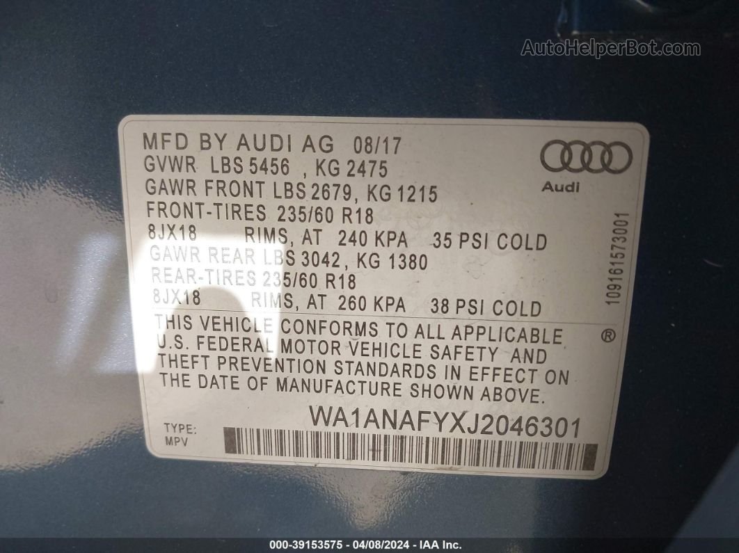 2018 Audi Q5 2.0t Premium/2.0t Tech Premium Blue vin: WA1ANAFYXJ2046301