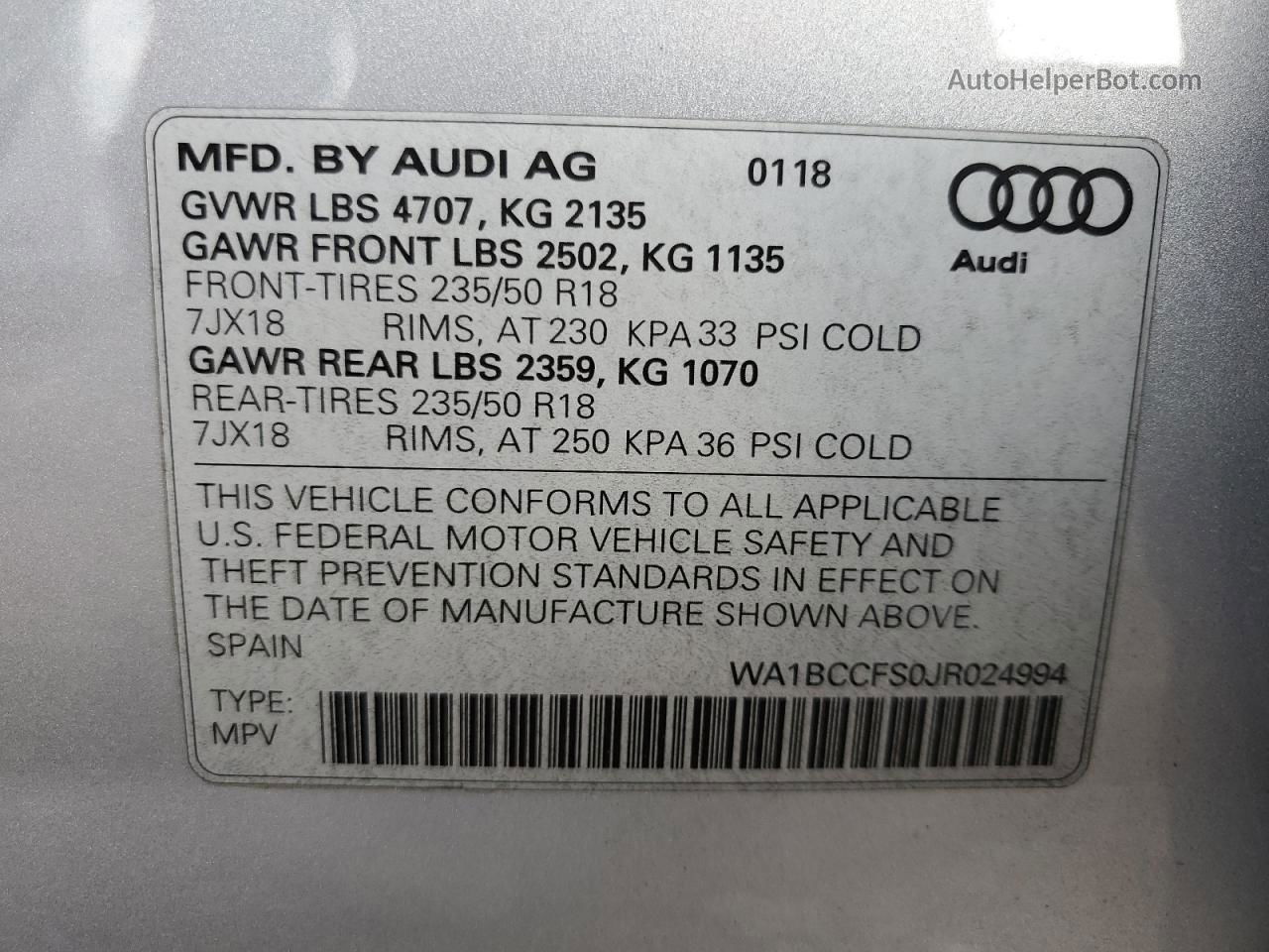 2018 Audi Q3 Premium Серебряный vin: WA1BCCFS0JR024994