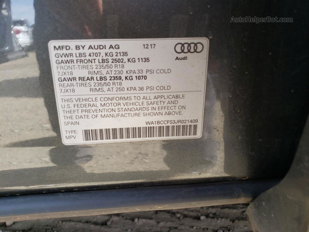 2018 Audi Q3 Premium Угольный vin: WA1BCCFS3JR021409