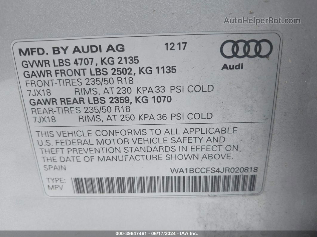 2018 Audi Q3 2.0t Premium/2.0t Sport Premium Серебряный vin: WA1BCCFS4JR020818