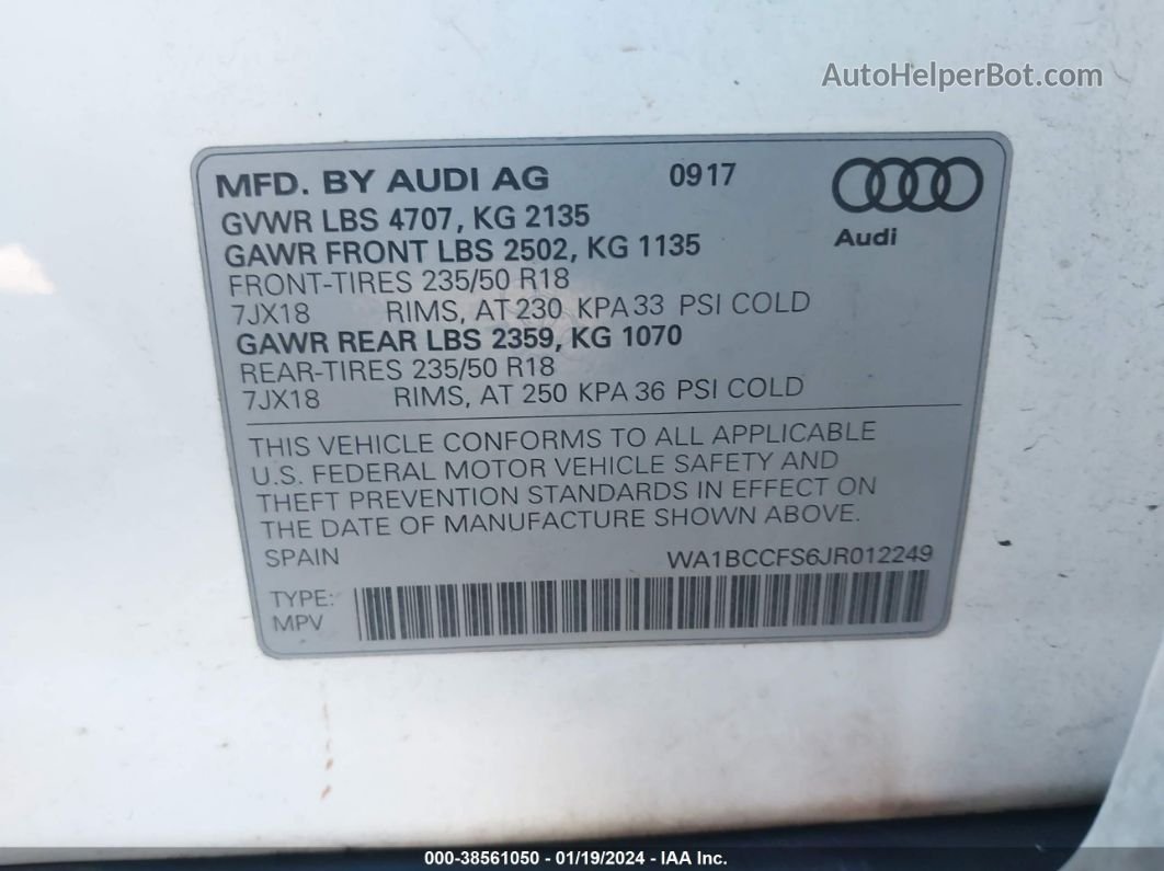 2018 Audi Q3 2.0t Premium/2.0t Sport Premium White vin: WA1BCCFS6JR012249