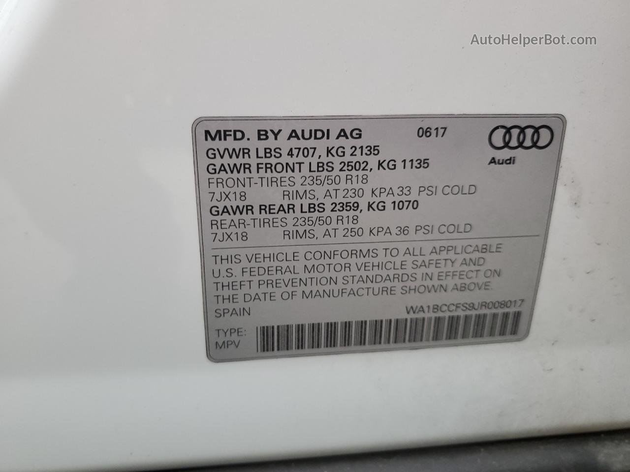 2018 Audi Q3 Premium White vin: WA1BCCFS9JR008017