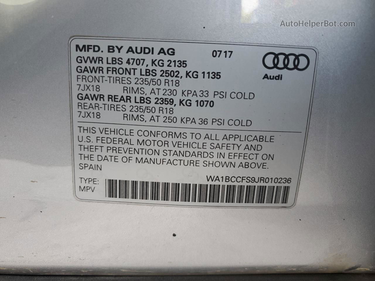 2018 Audi Q3 Premium Silver vin: WA1BCCFS9JR010236