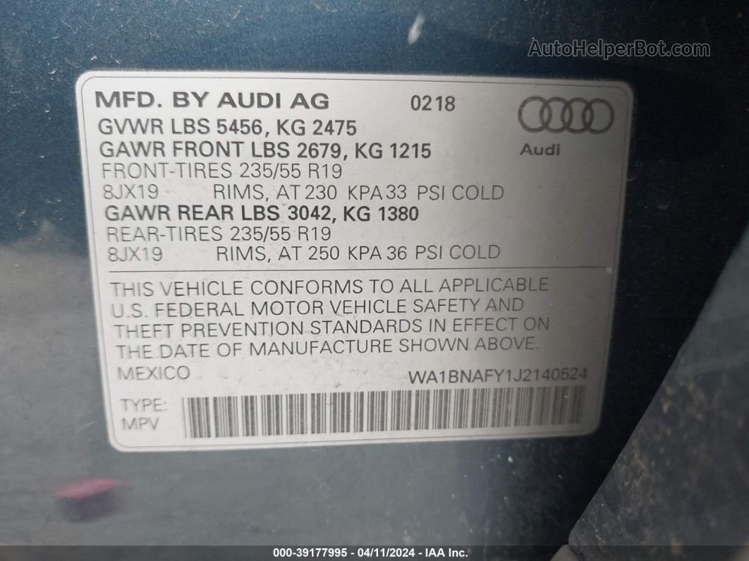 2018 Audi Q5 2.0t Premium/2.0t Tech Premium Синий vin: WA1BNAFY1J2140524