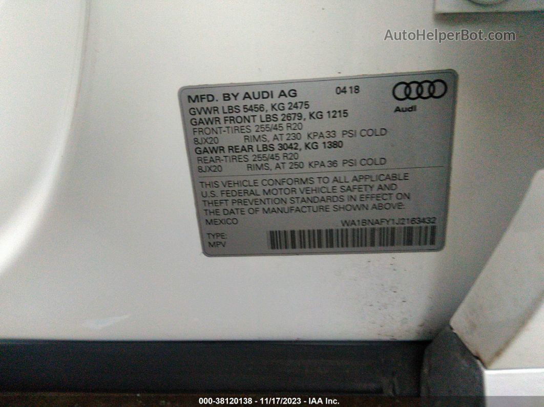 2018 Audi Q5 2.0t Premium White vin: WA1BNAFY1J2163432
