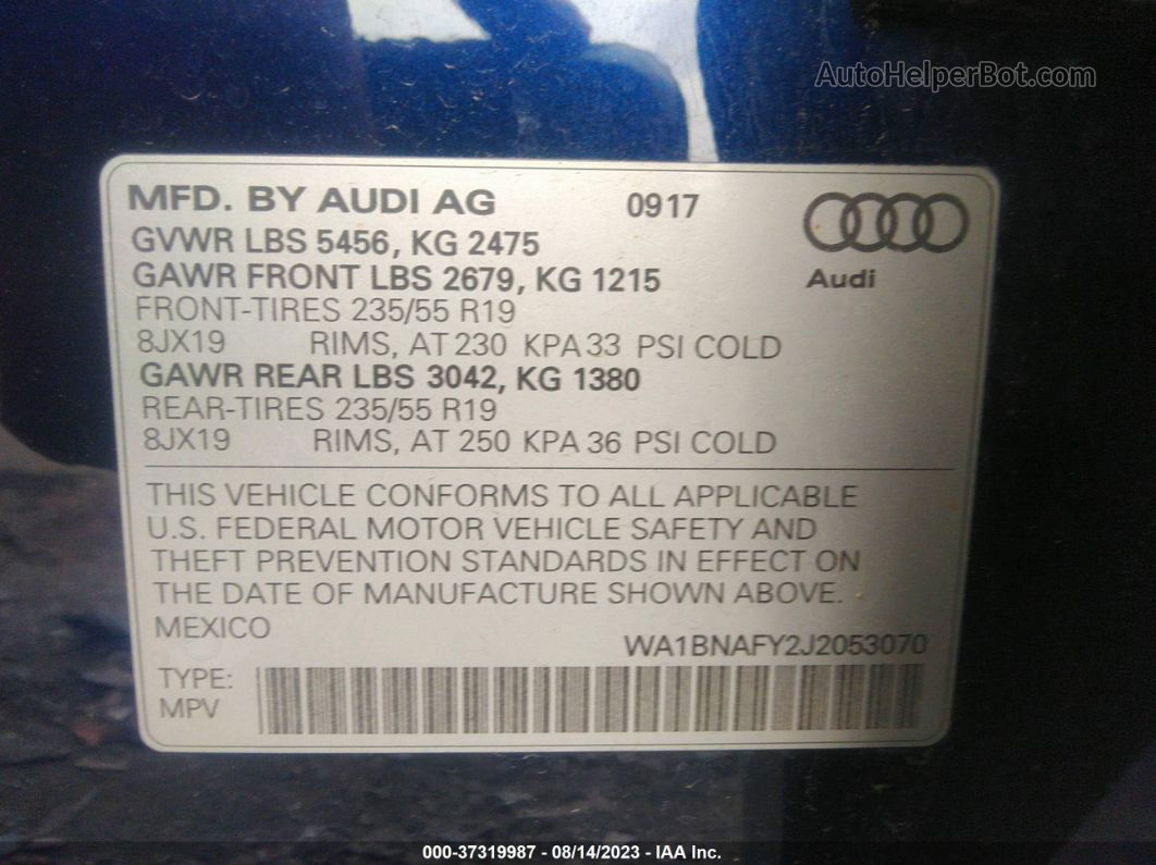 2018 Audi Q5 Premium Plus Blue vin: WA1BNAFY2J2053070