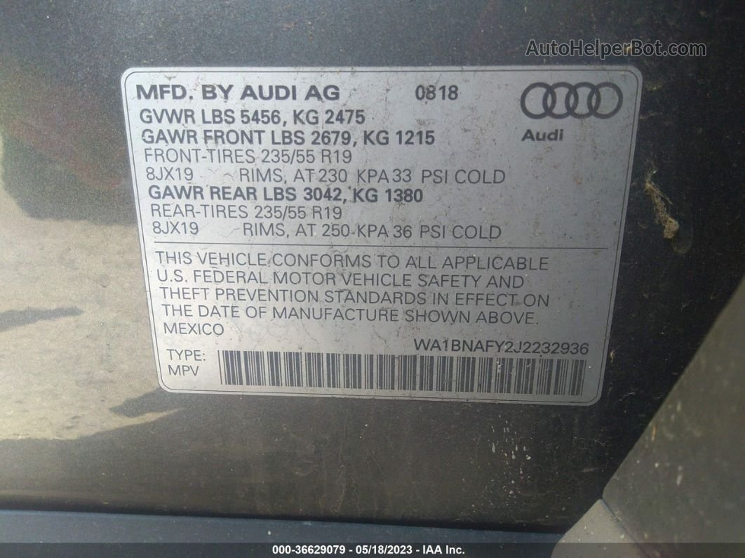 2018 Audi Q5 Premium Plus Gray vin: WA1BNAFY2J2232936