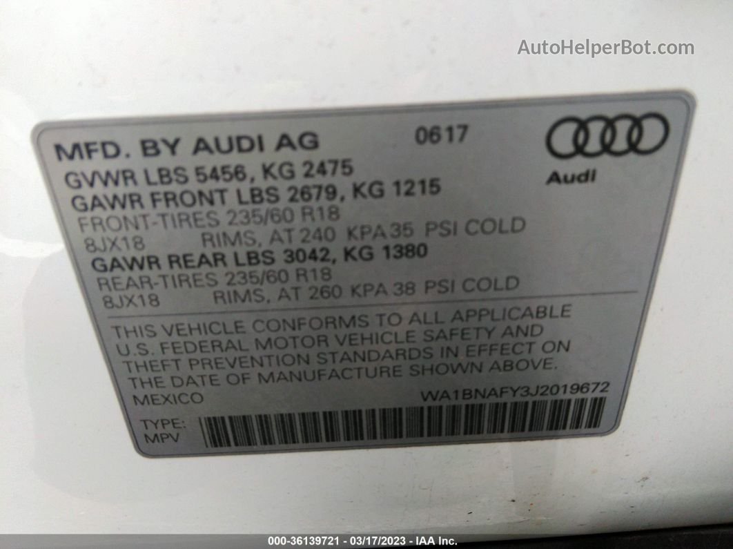 2018 Audi Q5 Premium Plus White vin: WA1BNAFY3J2019672