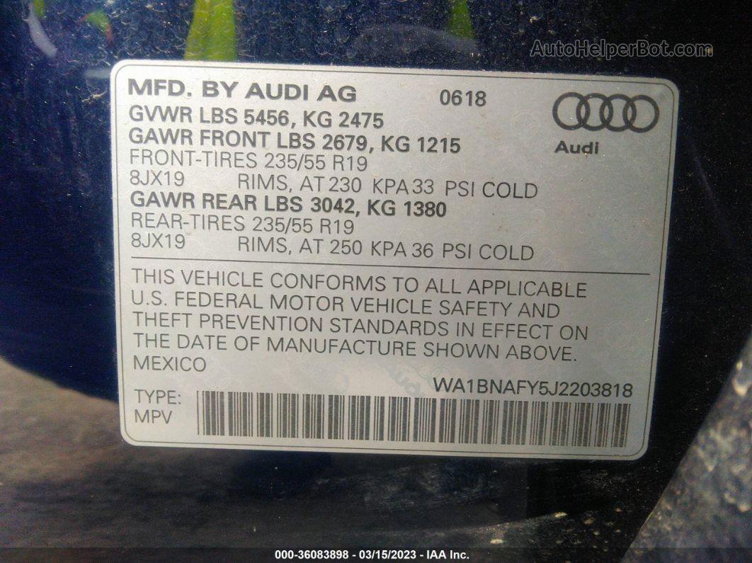 2018 Audi Q5 Premium Plus Blue vin: WA1BNAFY5J2203818