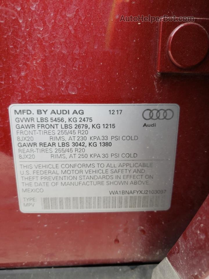 2018 Audi Q5 Premium Plus Red vin: WA1BNAFYXJ2103097