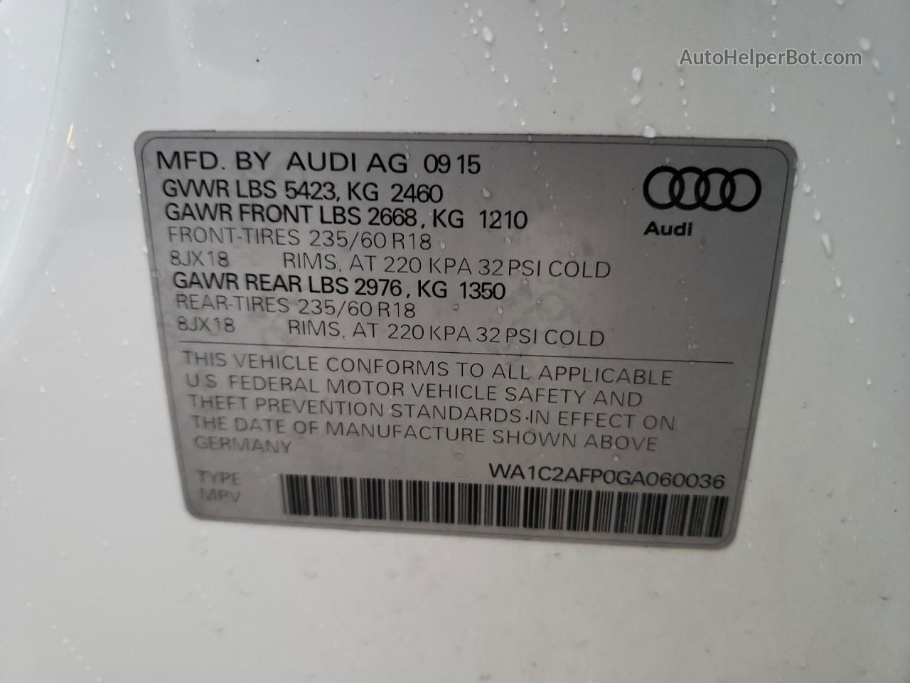 2016 Audi Q5 Premium Белый vin: WA1C2AFP0GA060036