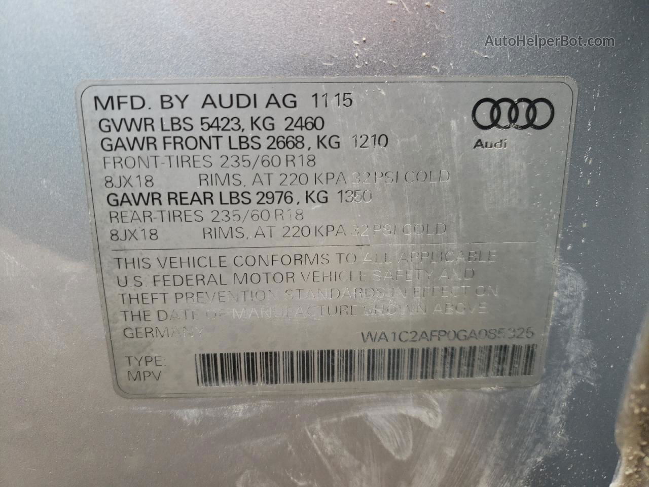 2016 Audi Q5 Premium Серебряный vin: WA1C2AFP0GA085325