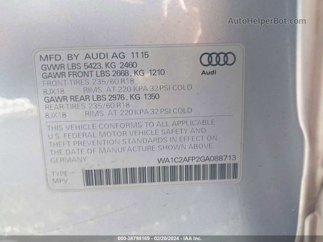 2016 Audi Q5 2.0t Premium Серебряный vin: WA1C2AFP2GA088713