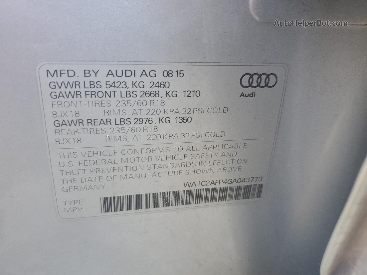 2016 Audi Q5 Premium Серебряный vin: WA1C2AFP4GA043773