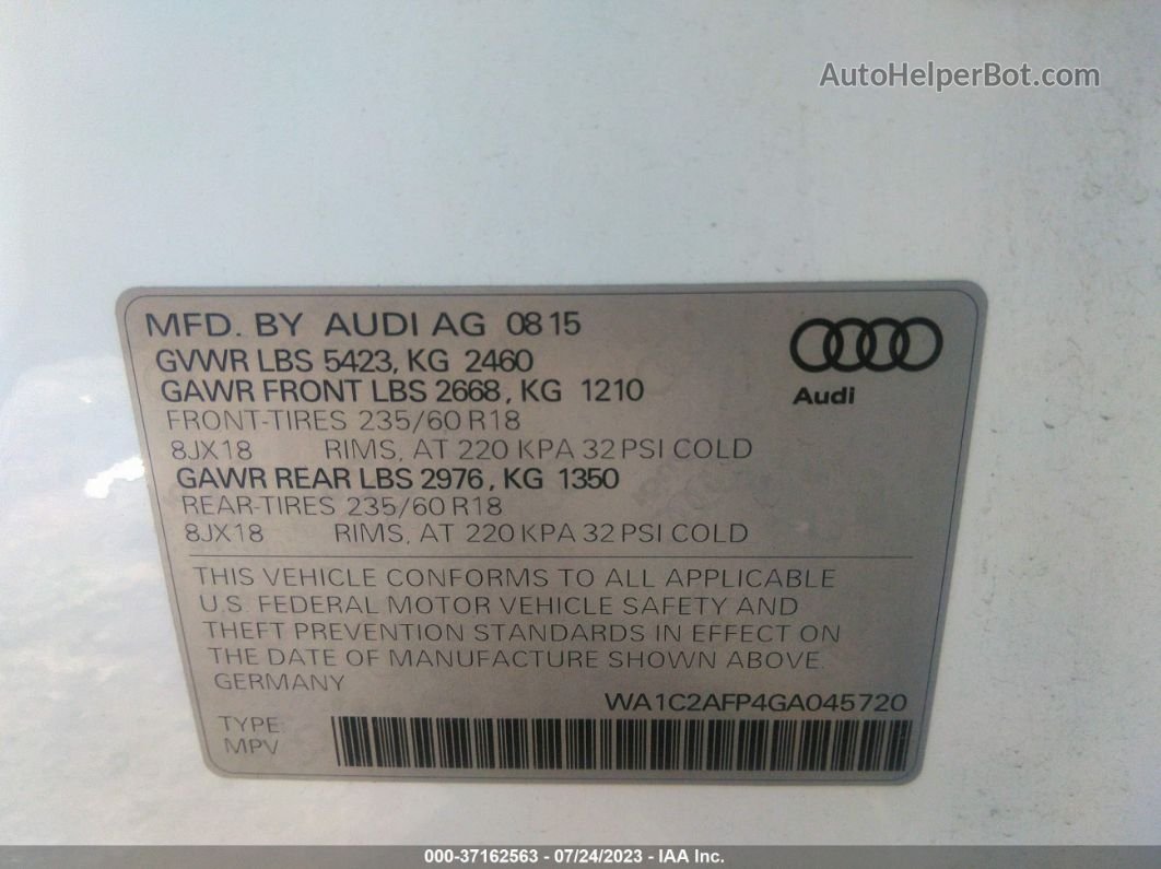 2016 Audi Q5 Premium White vin: WA1C2AFP4GA045720