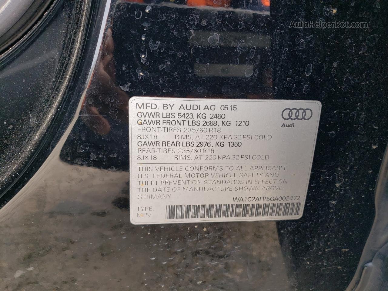 2016 Audi Q5 Premium Угольный vin: WA1C2AFP5GA002472
