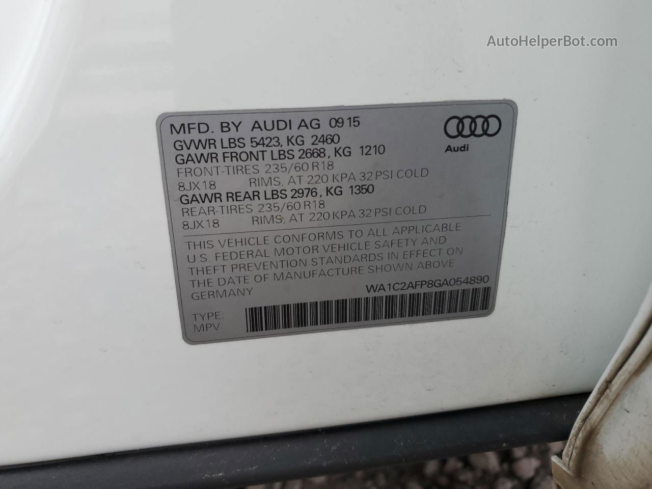 2016 Audi Q5 Premium White vin: WA1C2AFP8GA054890