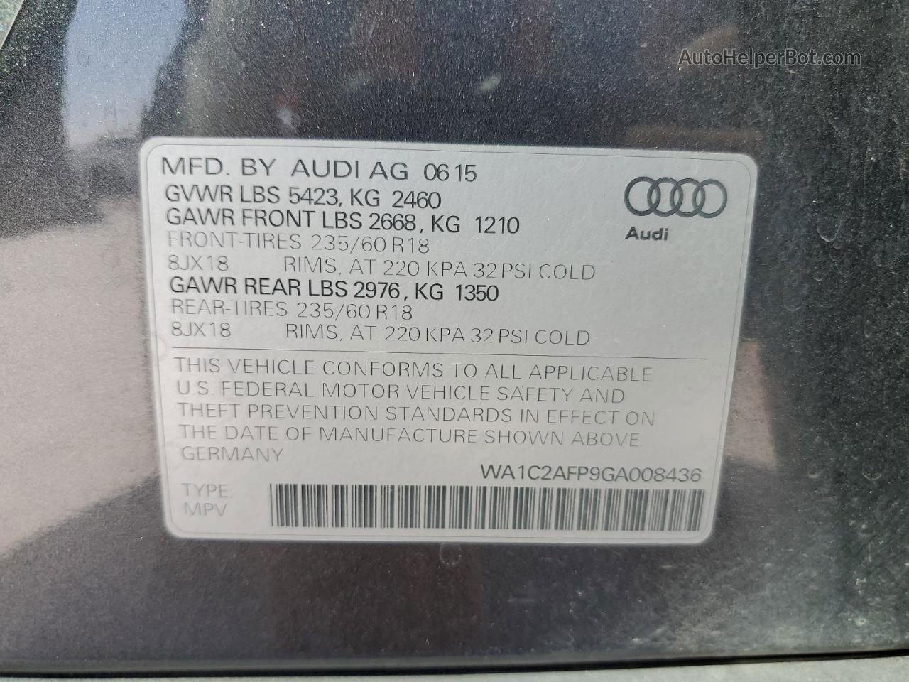 2016 Audi Q5 Premium Угольный vin: WA1C2AFP9GA008436