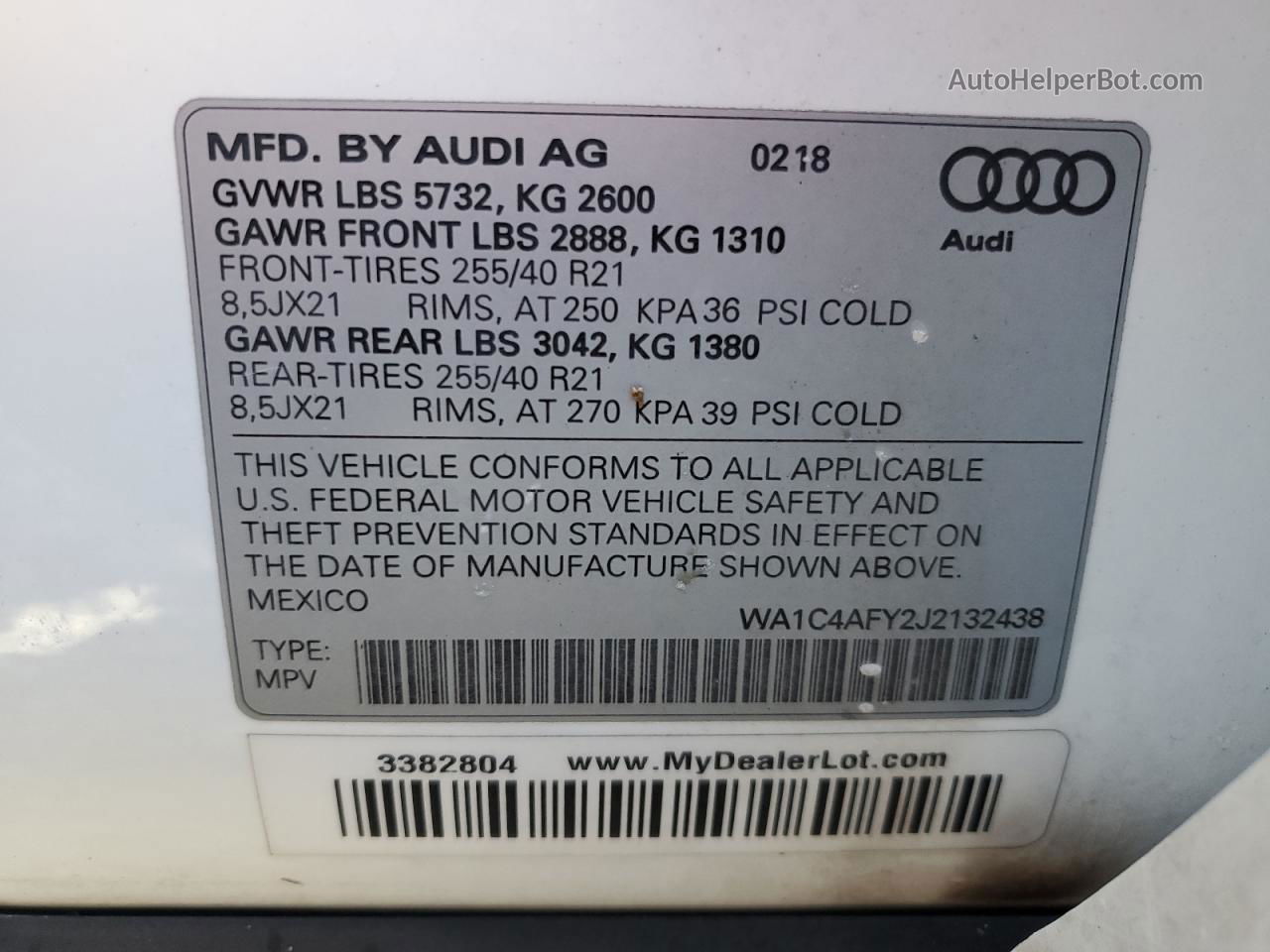 2018 Audi Sq5 Prestige White vin: WA1C4AFY2J2132438