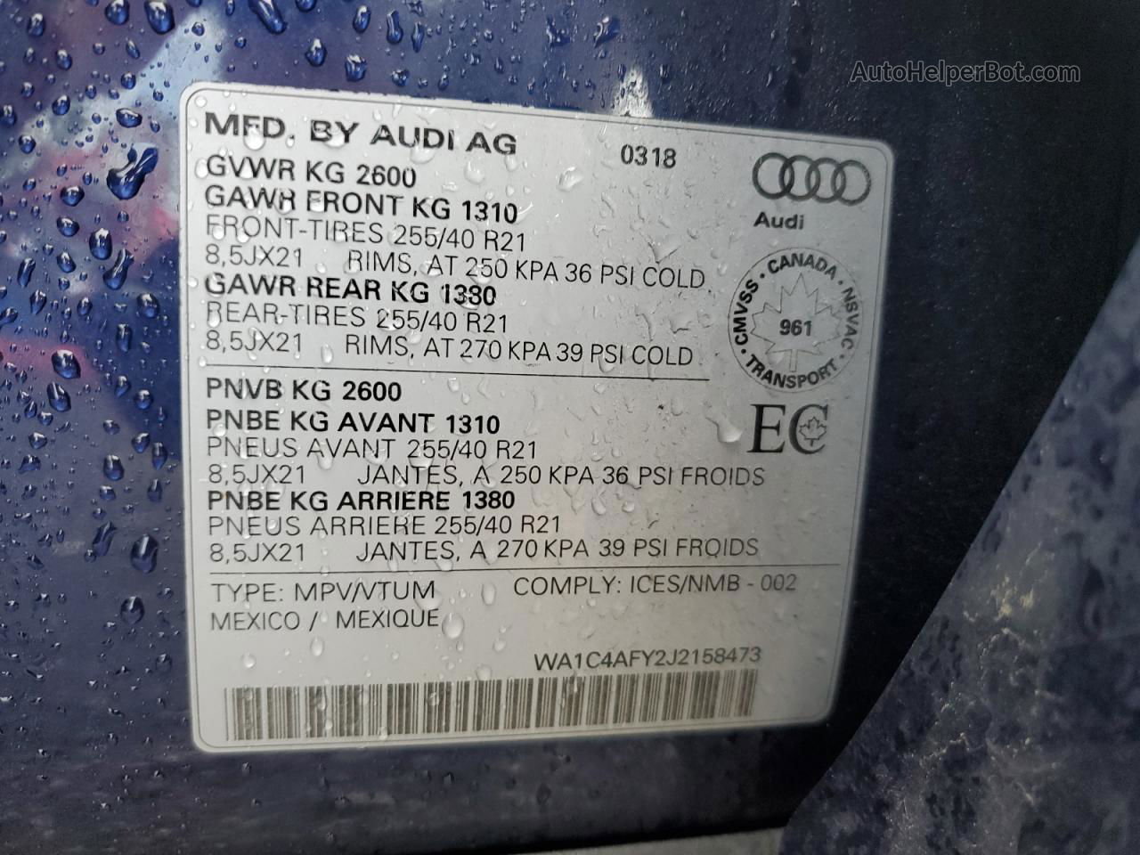2018 Audi Sq5 Prestige Синий vin: WA1C4AFY2J2158473