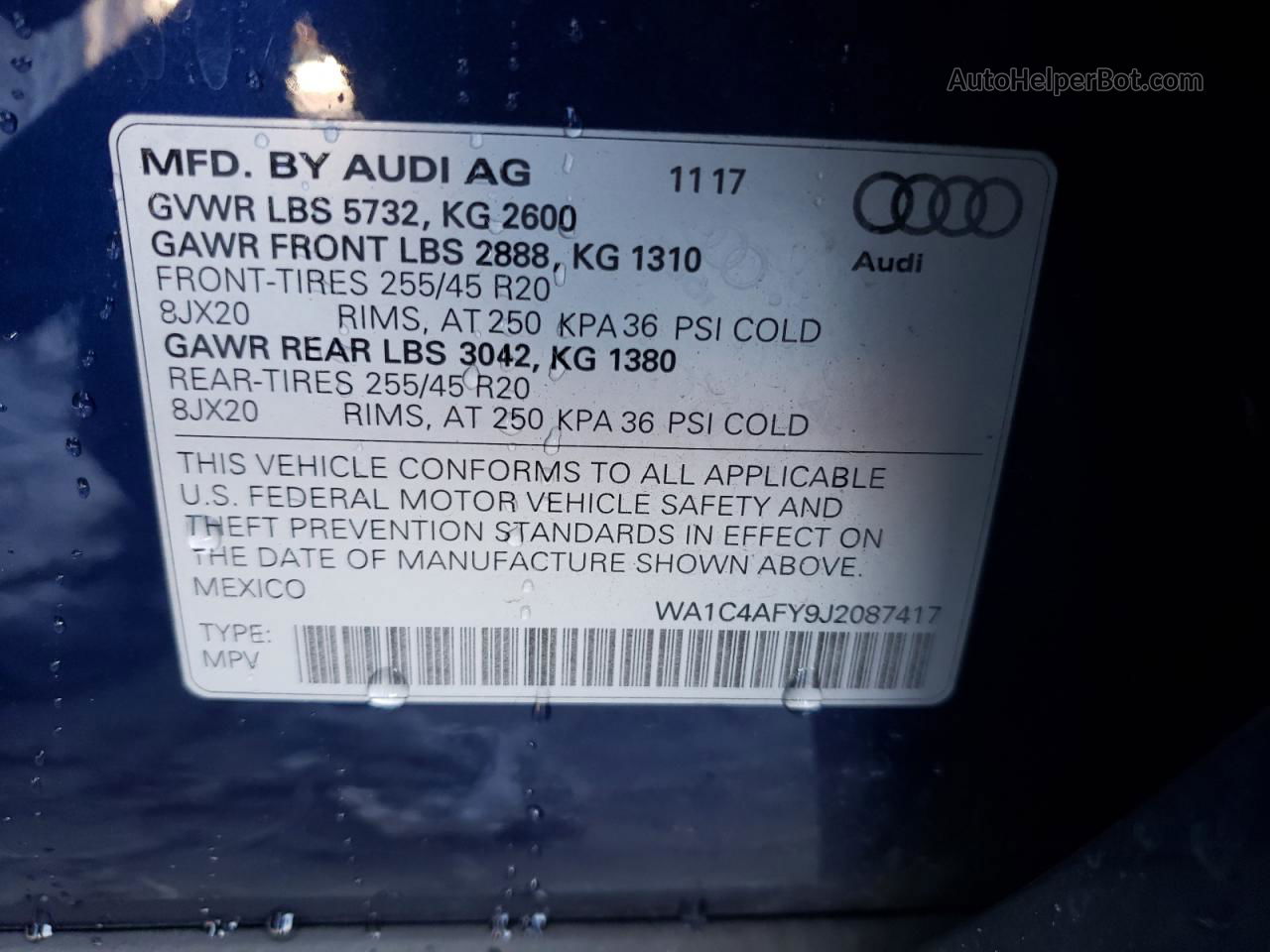 2018 Audi Sq5 Prestige Blue vin: WA1C4AFY9J2087417