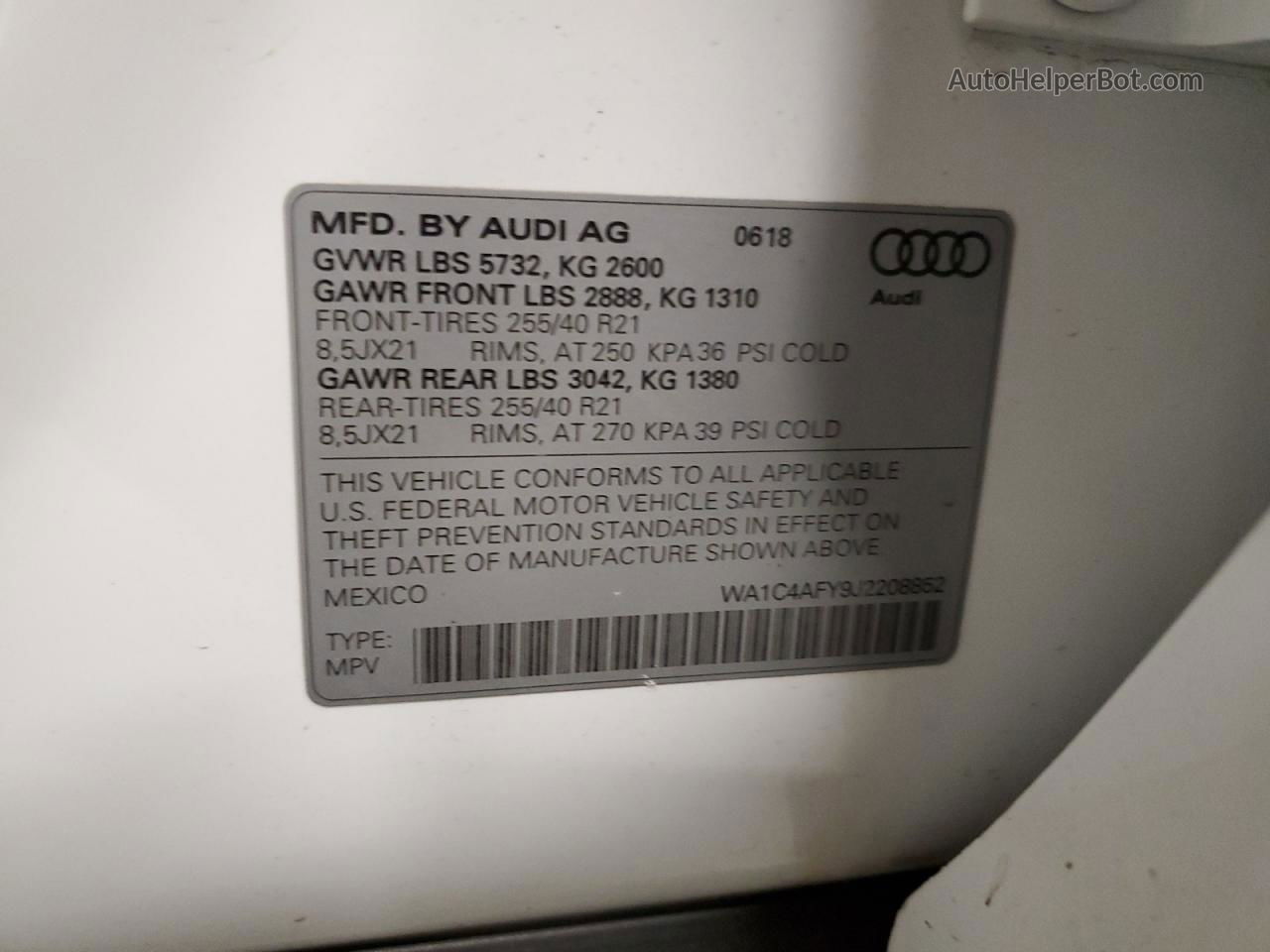 2018 Audi Sq5 Prestige White vin: WA1C4AFY9J2208852